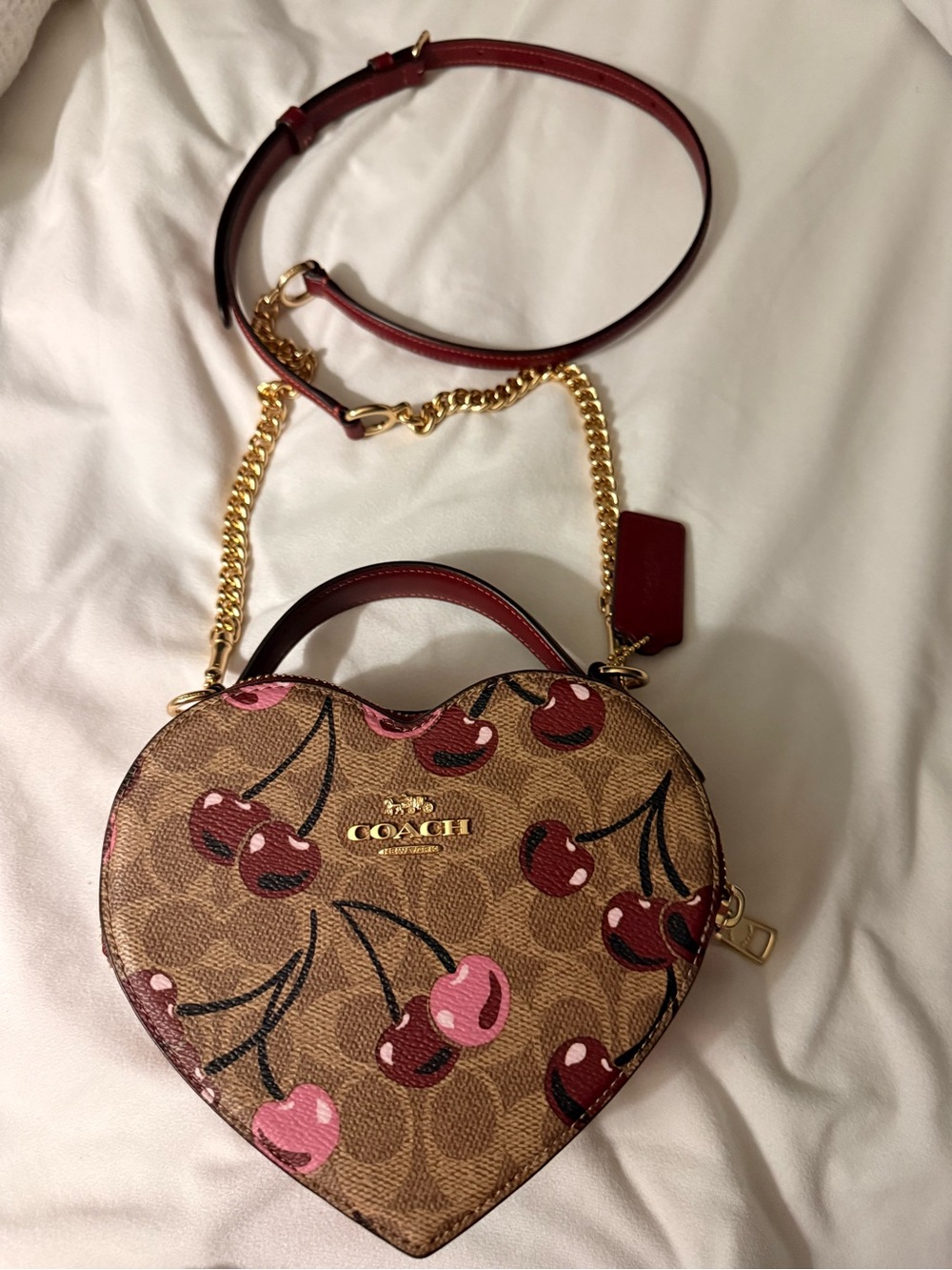 Coach Heart-Shaped Cherry Print Crossbody Bag in Brown and Red